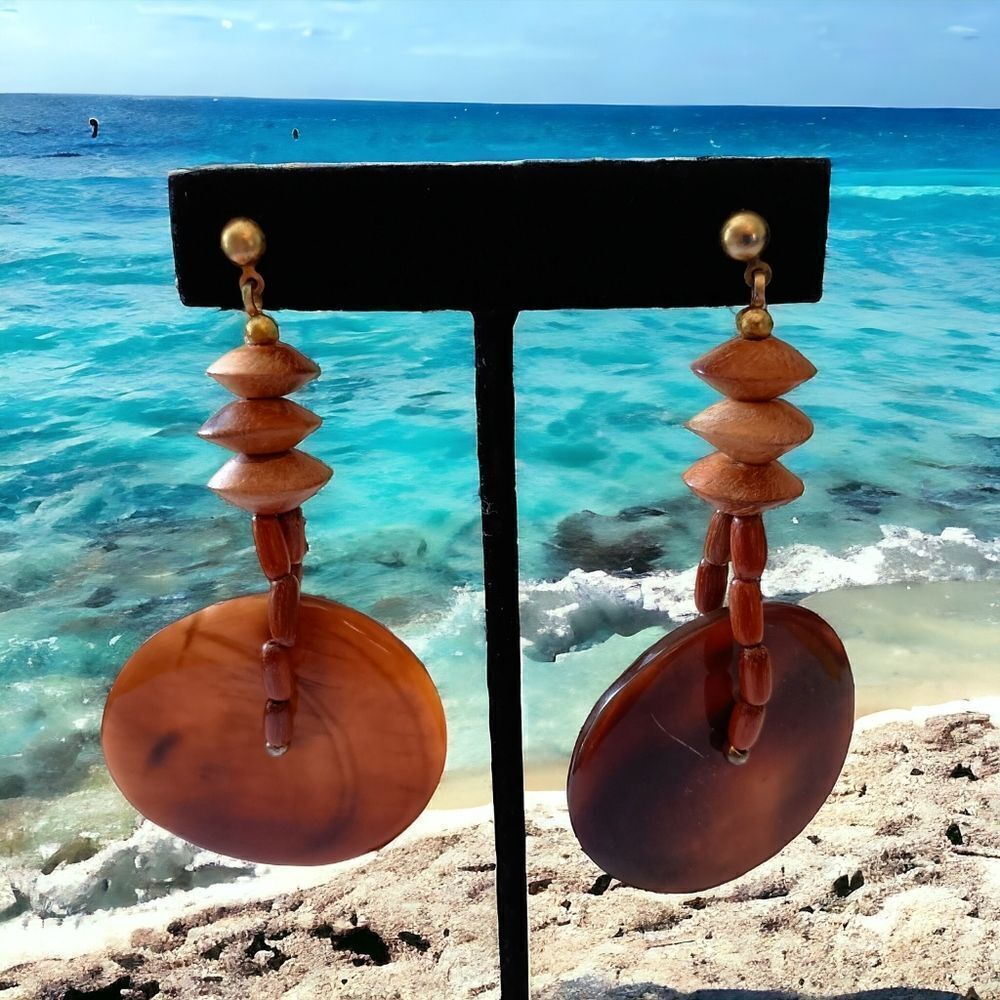 Wooden Beaded Shell Earrings Drop Dangle Bohemian Tribal Ethnic Hippie Gypsy